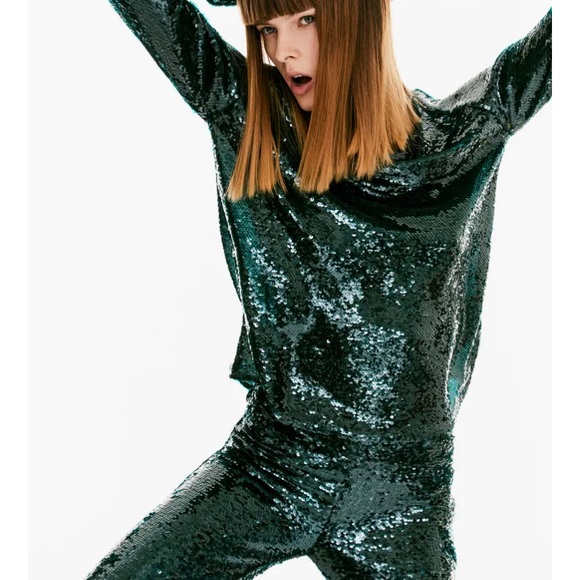 Zara | Tops | Zara Deep Teal Forest Green Sequin Turtleneck Long Sleeve Top  Blouse Zip | Poshmark